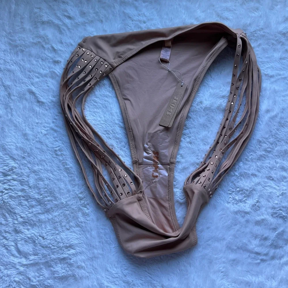 SKIMS Rhinestone Swim Strappy Bikini Bottom Ochre Tan Size 3X BB-CKY-3185 NEW